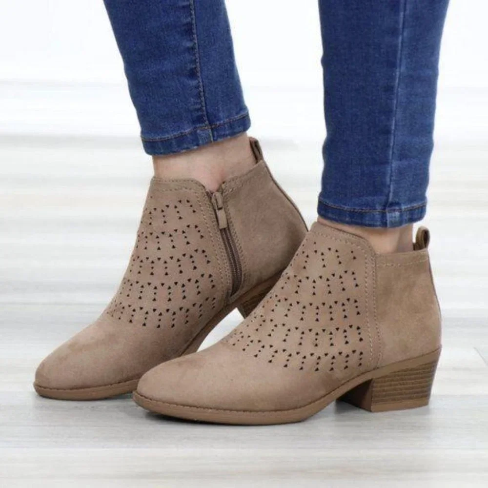 Boho Ankle Boots Taupe Suede Booties Low Heel Laser Cut Design With Zipper - Picture 10 of 11